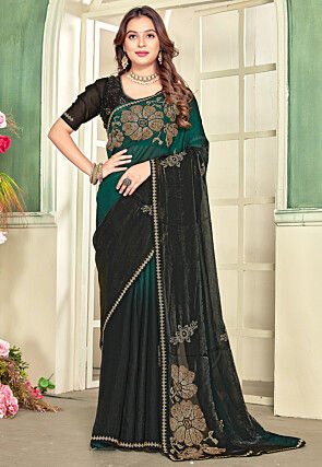 Embellished Satin Georgette Saree in Green and Black