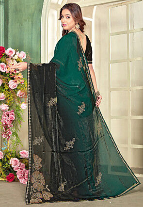 Embellished Satin Georgette Saree in Green and Black