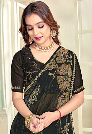 Embellished Satin Georgette Saree in Green and Black