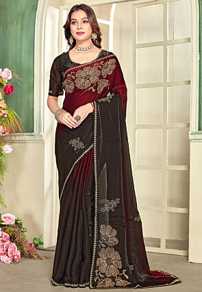 Embellished Satin Georgette Saree in Maroon and Black