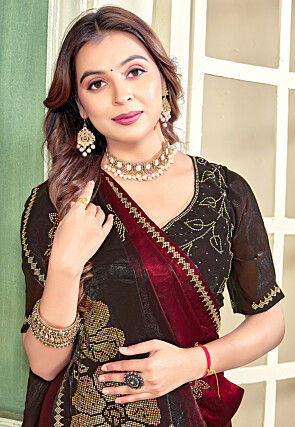 Embellished Satin Georgette Saree in Maroon and Black