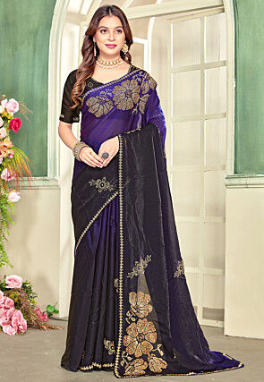 Embellished Satin Georgette Saree in Purple and Black