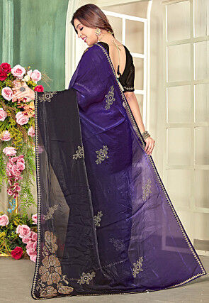 Embellished Satin Georgette Saree in Purple and Black