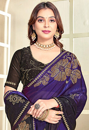Embellished Satin Georgette Saree in Purple and Black