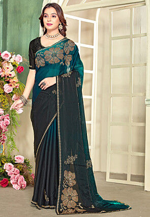 Embellished Satin Georgette Saree in Teal Blue and Black