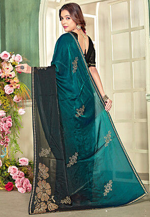 Embellished Satin Georgette Saree in Teal Blue and Black