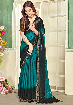 Embellished Border Satin Silk Saree in Turquoise