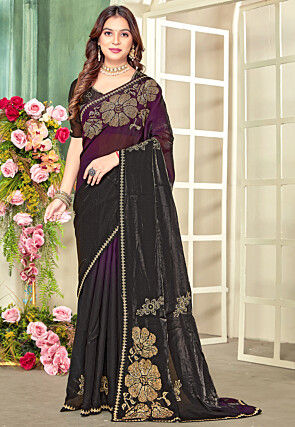 Embellished Satin Georgette Saree in Violet and Black