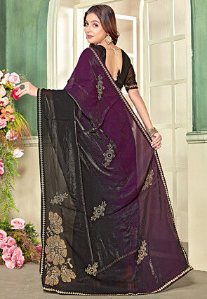 Embellished Satin Georgette Saree in Violet and Black