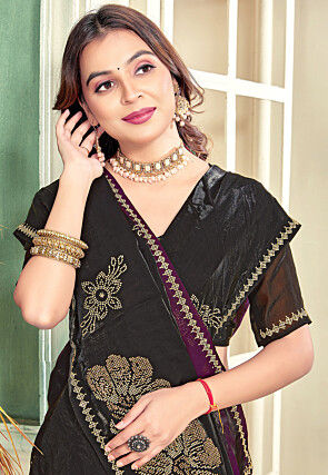 Embellished Satin Georgette Saree in Violet and Black