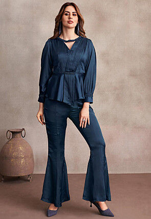 Embellished Satin Top Set in Teal Blue