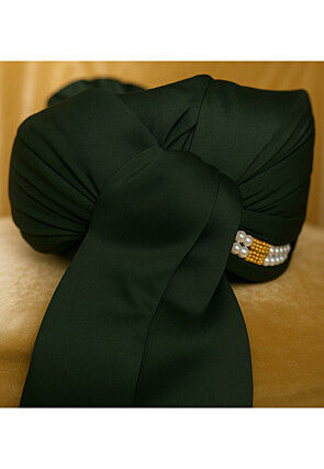 Embellished Satin Unisex Turban in Dark Green