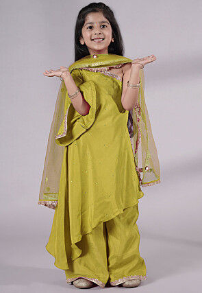 Embellished Shantoon Asymmetric Pakistani Suit in Olive Green