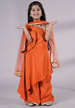Embellished Shantoon Asymmetric Pakistani Suit in Orange