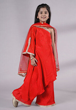Embellished Shantoon Asymmetric Pakistani Suit in Red