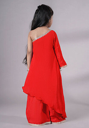 Embellished Shantoon Asymmetric Pakistani Suit in Red