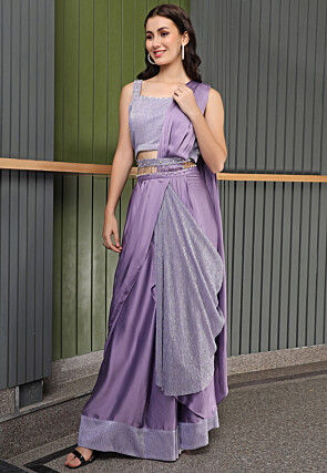 Embellished Shimmer Lycra (Elastane) Crop Top Skirt Set in Light Purple