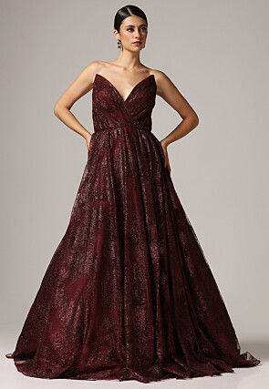 Embellished Shimmer Net Gown in Maroon