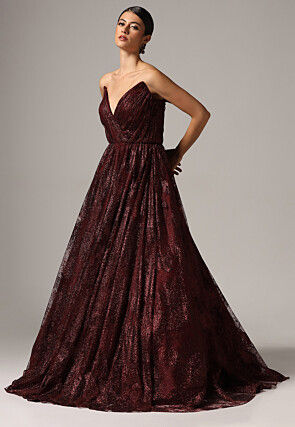 Embellished Shimmer Net Gown in Maroon