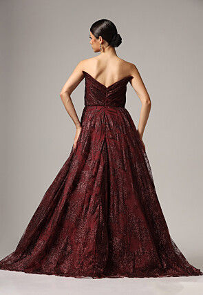 Embellished Shimmer Net Gown in Maroon
