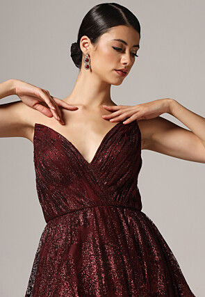 Embellished Shimmer Net Gown in Maroon