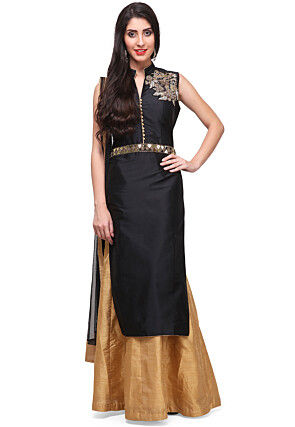 Embellished Shoulder Art Silk Lehenga in Black