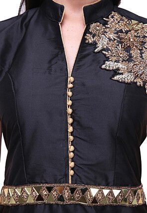 Embellished Shoulder Art Silk Lehenga in Black