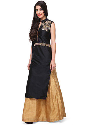 Embellished Shoulder Art Silk Lehenga in Black
