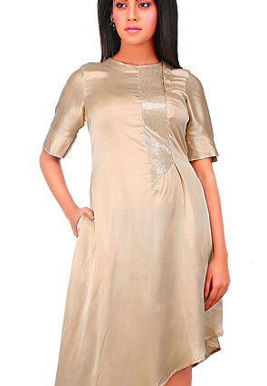 Embellished Side Placket Satin Asymmetric Dress in Beige