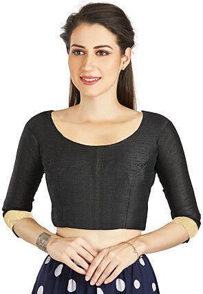 Embellished Sleeve Art Silk Blouse in Black