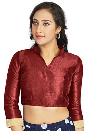 Embellished Sleeve Art Silk Blouse in Maroon