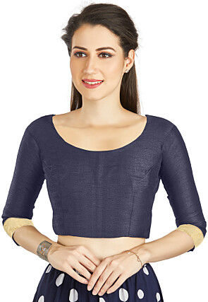 Embellished Sleeve Art Silk Blouse in Navy Blue