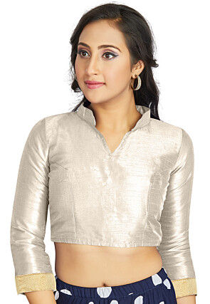 Embellished Sleeve Art Silk Blouse in Off White