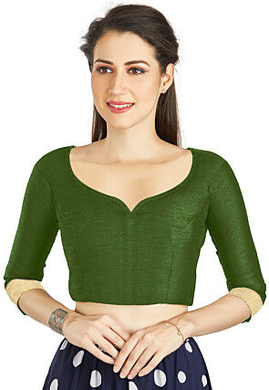 Embellished Sleeve Art Silk Blouse in Olive Green