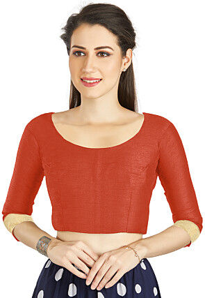Embellished Sleeve Art Silk Blouse in Orange