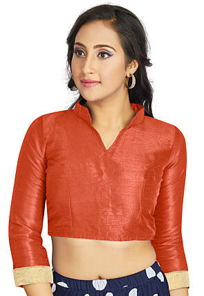Embellished Sleeve Art Silk Blouse in Orange