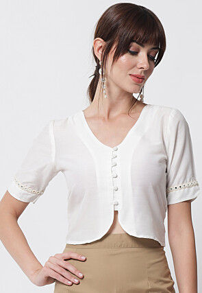 Embellished Sleeve Dupion Silk Crop Top in Off White