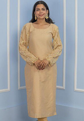 Embellished Sleeves Cotton Silk Straight Kurta in Beige