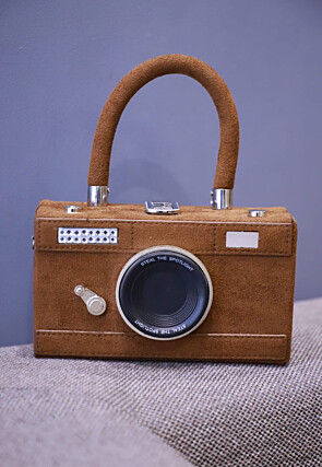 Embellished Suede Rectangular Camera Clutch Bag in Brown