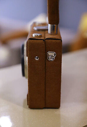 Embellished Suede Rectangular Camera Clutch Bag in Brown