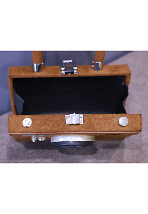 Embellished Suede Rectangular Camera Clutch Bag in Brown