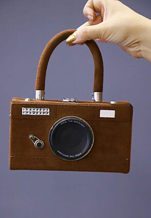Embellished Suede Rectangular Camera Clutch Bag in Brown