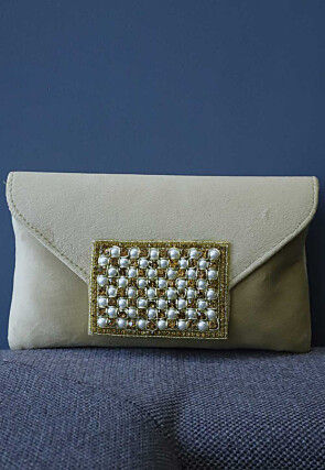 Embellished Suede Rectangular Clutch Bag in Beige