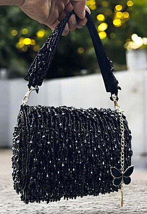Embellished Polyester Clutch Bag in Black