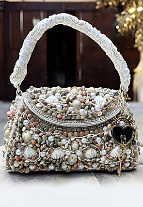 Embellished Polyester Clutch Bag in Off White