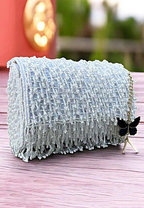 Embellished Polyester Clutch Bag in Off White