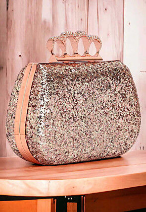 Embellished Synthetic Rectangular Clutch Bag in Rose Gold