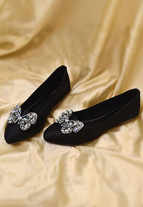 Embellished Synthetic Satin Women Ballerinas in Black