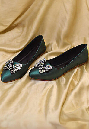 Embellished Synthetic Satin Women Ballerinas in Dark Green