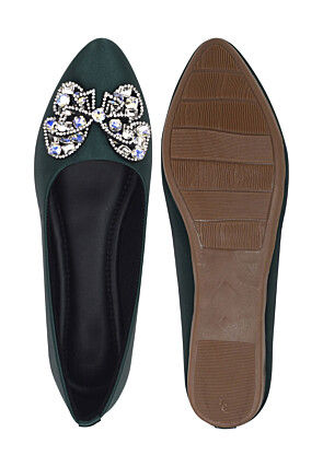 Embellished Synthetic Satin Women Ballerinas in Dark Green